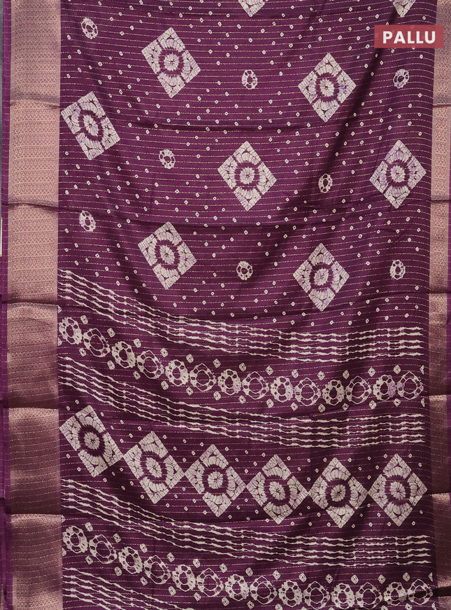Semi dola saree deep purple with allover zari weaves & batik prints and zari woven border