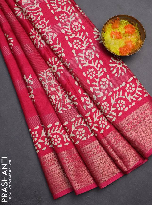 Semi dola saree pink with allover zari weaves & batik prints and zari woven border