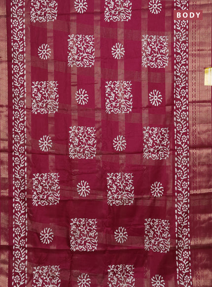 Semi dola saree wine shade with allover zari weaves & batik prints and zari woven border