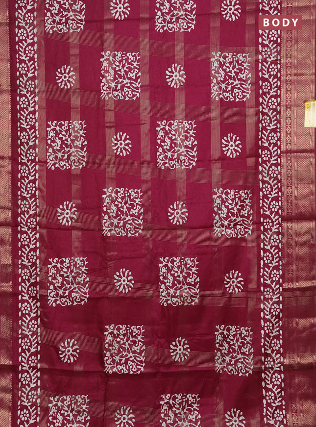 Semi dola saree wine shade with allover zari weaves & batik prints and zari woven border