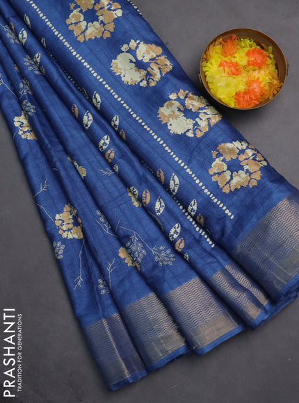 Semi dola saree cs blue with floral prints and zari woven border