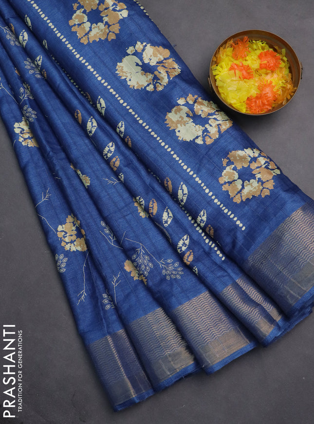 Semi dola saree cs blue with floral prints and zari woven border