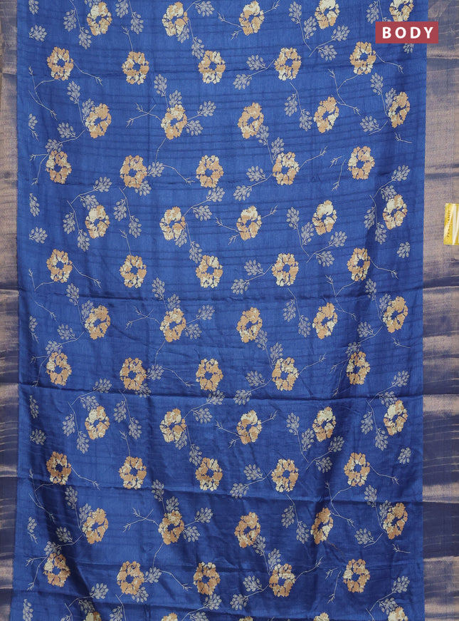 Semi dola saree cs blue with floral prints and zari woven border