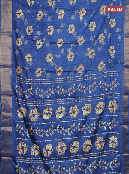 Semi dola saree cs blue with floral prints and zari woven border