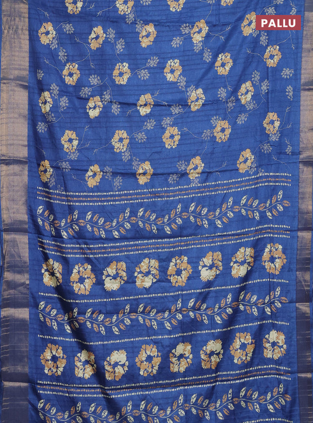 Semi dola saree cs blue with floral prints and zari woven border
