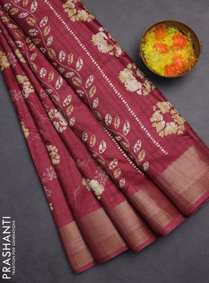 Semi dola saree maroon with floral prints and zari woven border