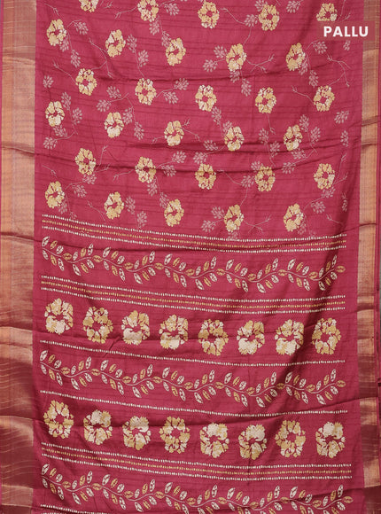 Semi dola saree maroon with floral prints and zari woven border