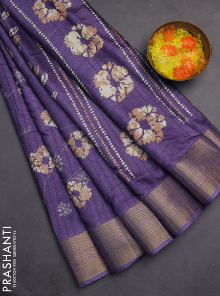 Semi dola saree violet with floral prints and zari woven border