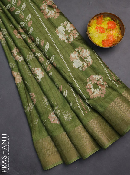 Semi dola saree mehendi green with floral prints and zari woven border