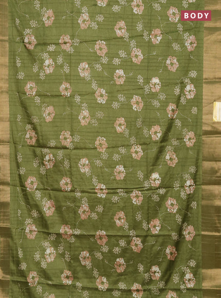 Semi dola saree mehendi green with floral prints and zari woven border