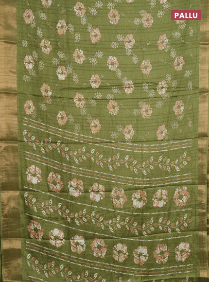 Semi dola saree mehendi green with floral prints and zari woven border