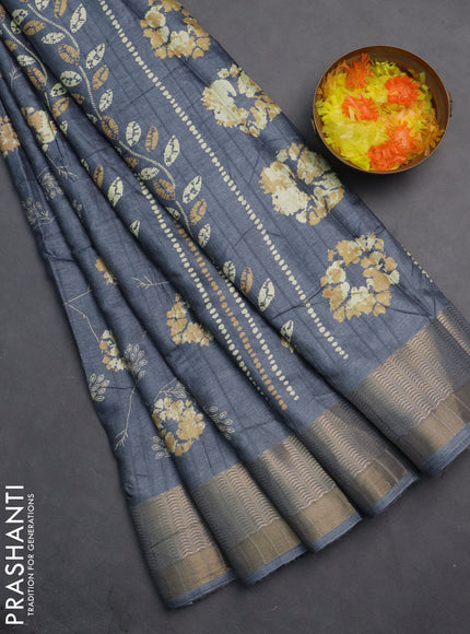 Semi dola saree grey with floral prints and zari woven border