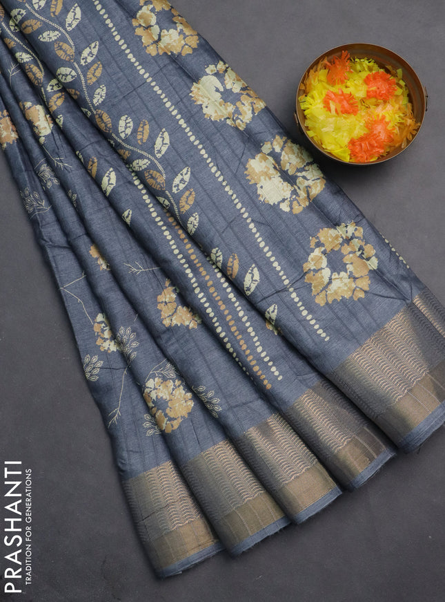 Semi dola saree grey with floral prints and zari woven border