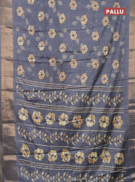 Semi dola saree grey with floral prints and zari woven border