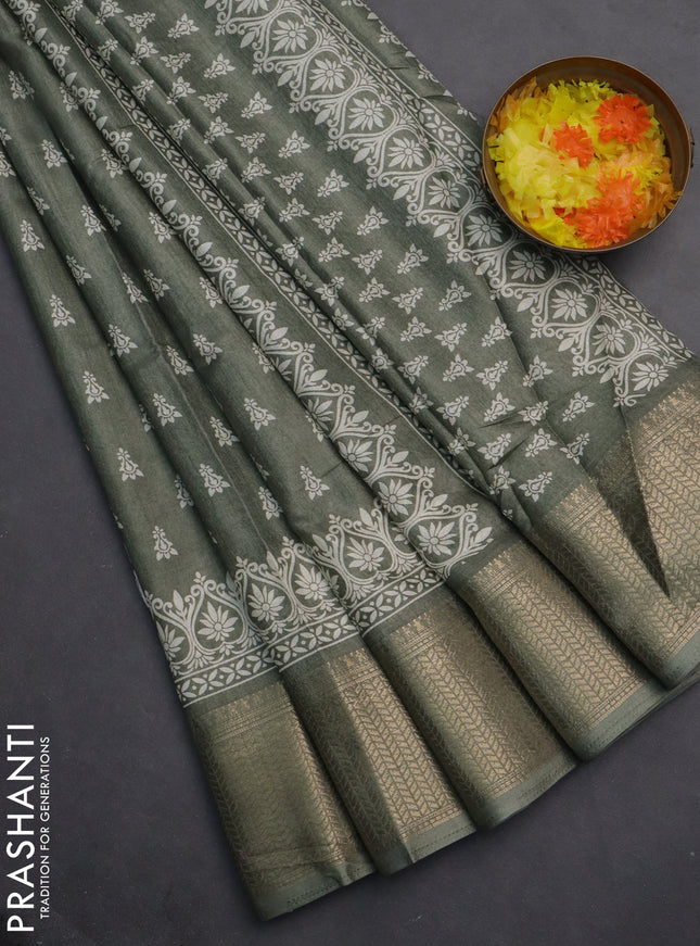 Semi dola saree greyish green with butta prints and zari woven border