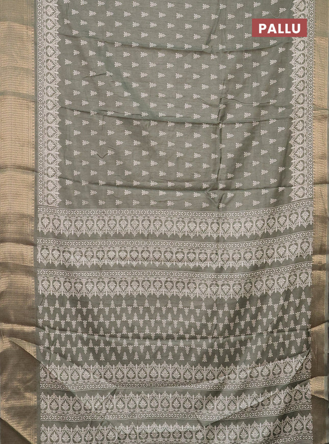 Semi dola saree greyish green with butta prints and zari woven border