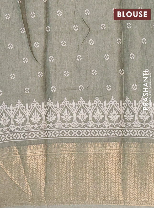 Semi dola saree greyish green with butta prints and zari woven border