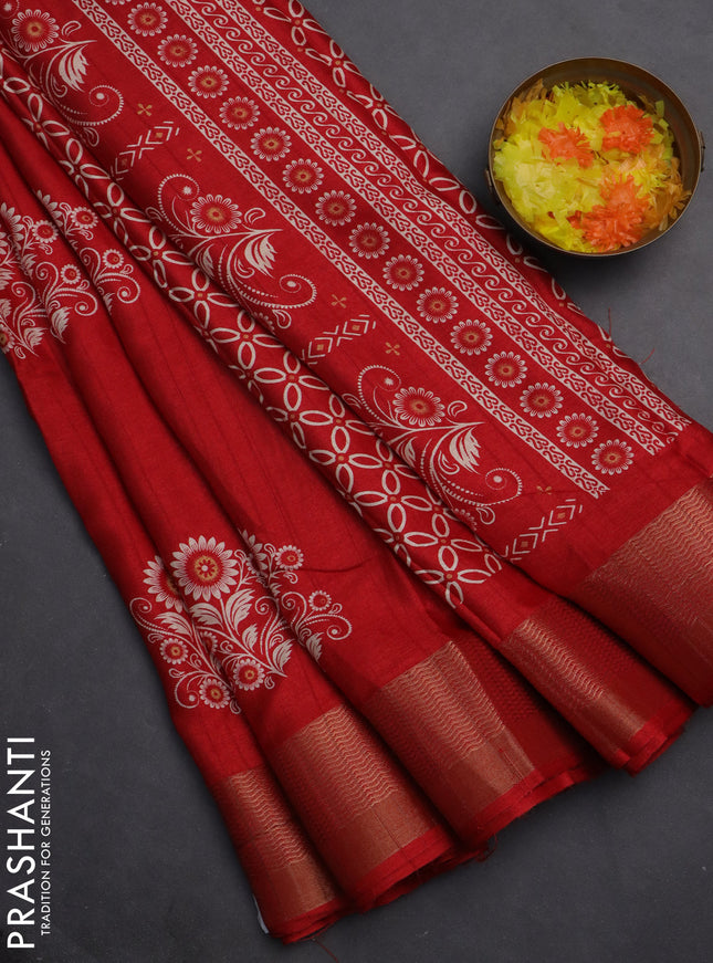 Semi dola saree red with butta prints and zari woven border
