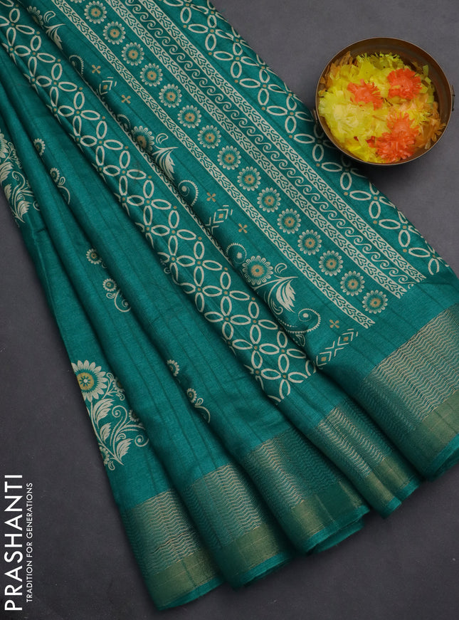 Semi dola saree teal green with butta prints and zari woven border