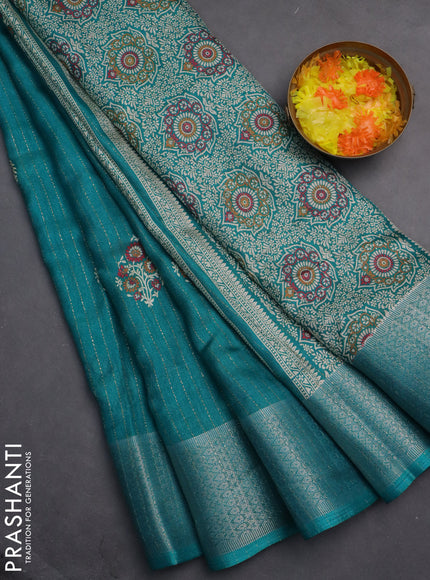 Semi dola saree teal green with allover zari weaves & buttas and zari woven border