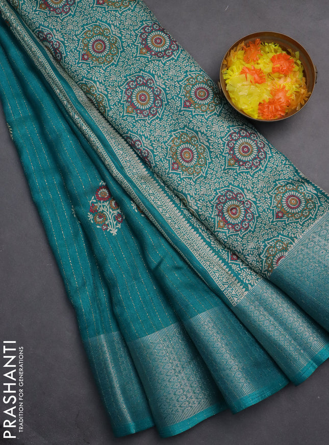 Semi dola saree teal green with allover zari weaves & buttas and zari woven border