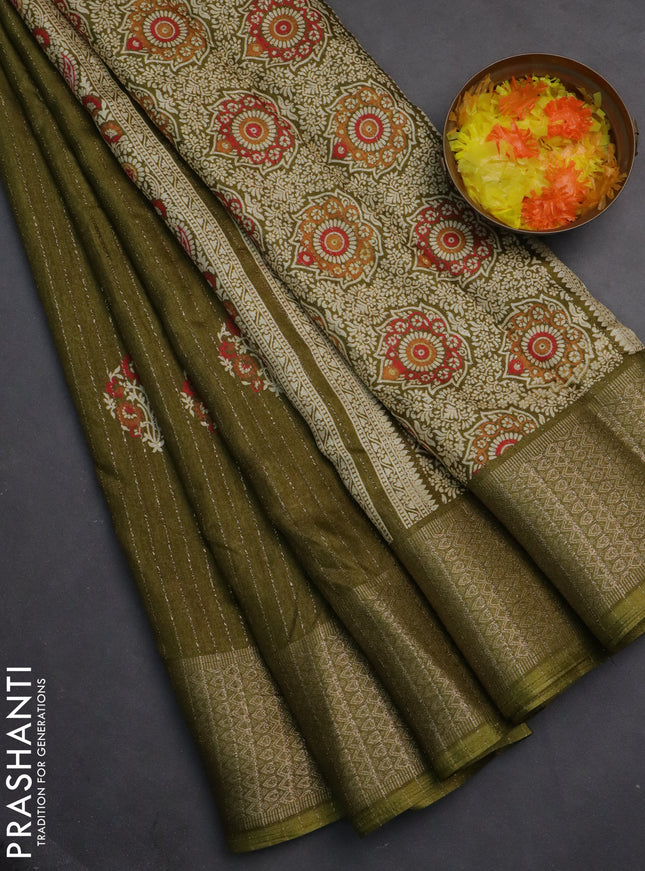 Semi dola saree mehendi green with allover zari weaves & buttas and zari woven border