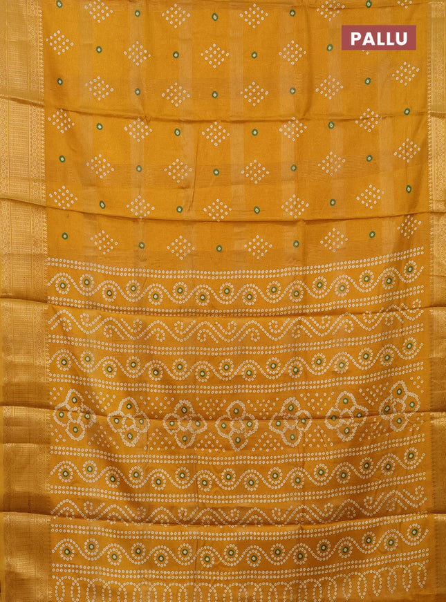 Semi dola saree mustard yellow with allover zari checks & bandhani prints and zari woven border