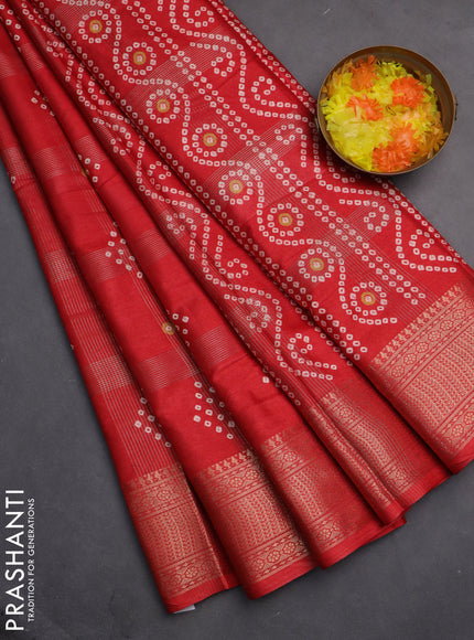 Semi dola saree red with allover zari checks & bandhani prints and zari woven border