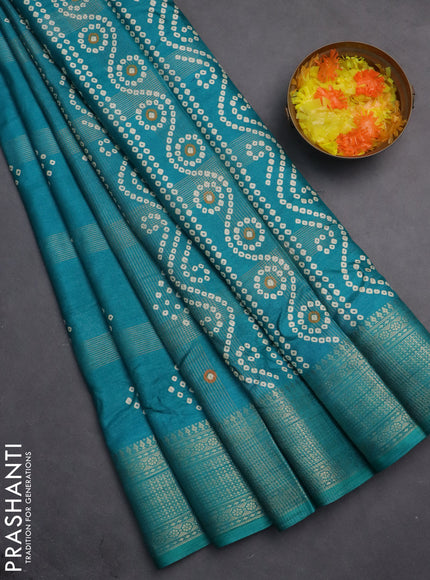 Semi dola saree teal green shade with allover zari checks & bandhani prints and zari woven border