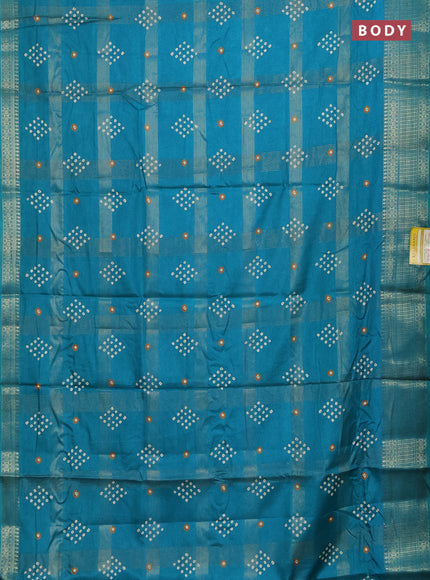 Semi dola saree teal green shade with allover zari checks & bandhani prints and zari woven border