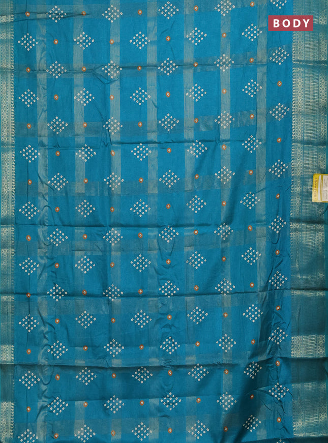 Semi dola saree teal green shade with allover zari checks & bandhani prints and zari woven border
