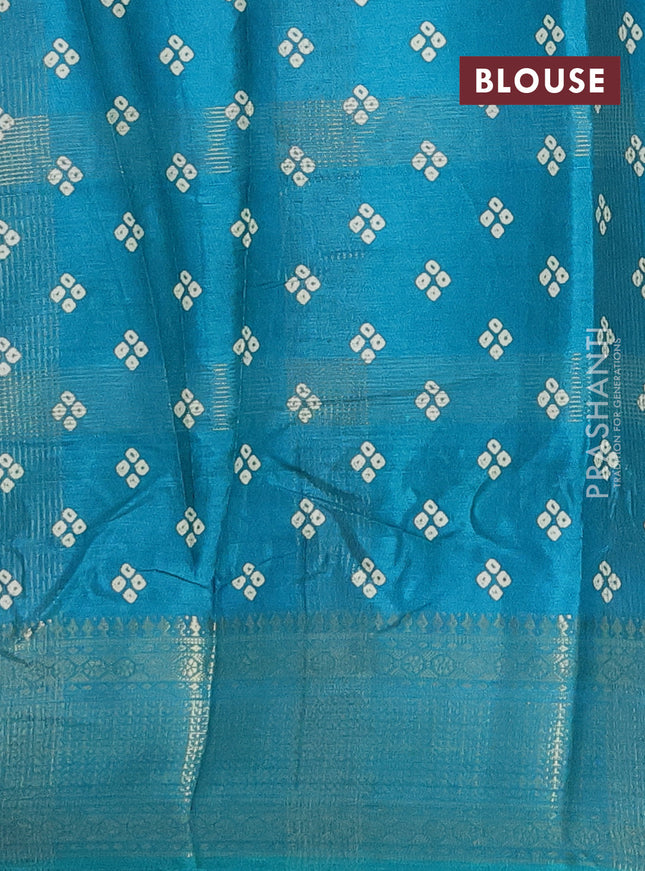 Semi dola saree teal green shade with allover zari checks & bandhani prints and zari woven border