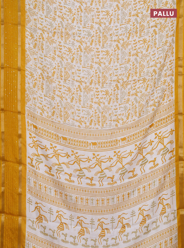 Semi dola saree off white and mustard yellow with allover warli prints and zari woven sequin work border