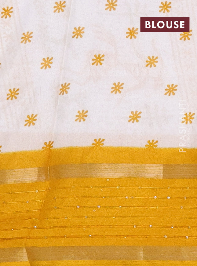 Semi dola saree off white and mustard yellow with allover warli prints and zari woven sequin work border