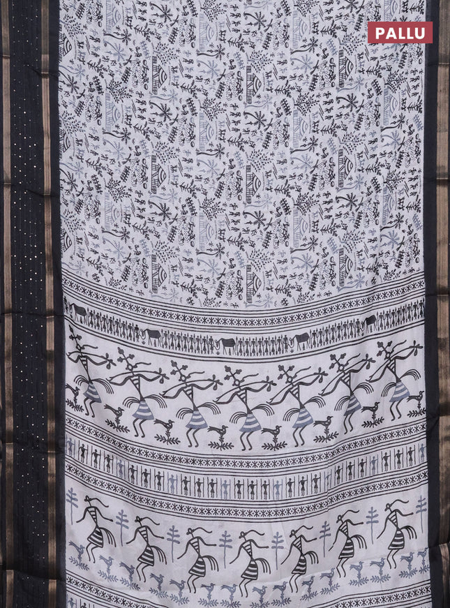 Semi dola saree off white and black with allover warli prints and zari woven sequin work border