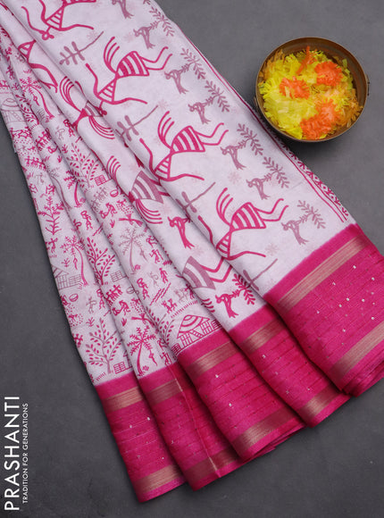 Semi dola saree off white and pink with allover warli prints and zari woven sequin work border