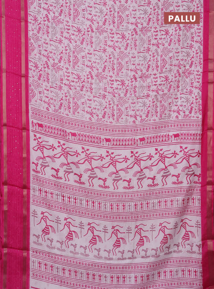Semi dola saree off white and pink with allover warli prints and zari woven sequin work border