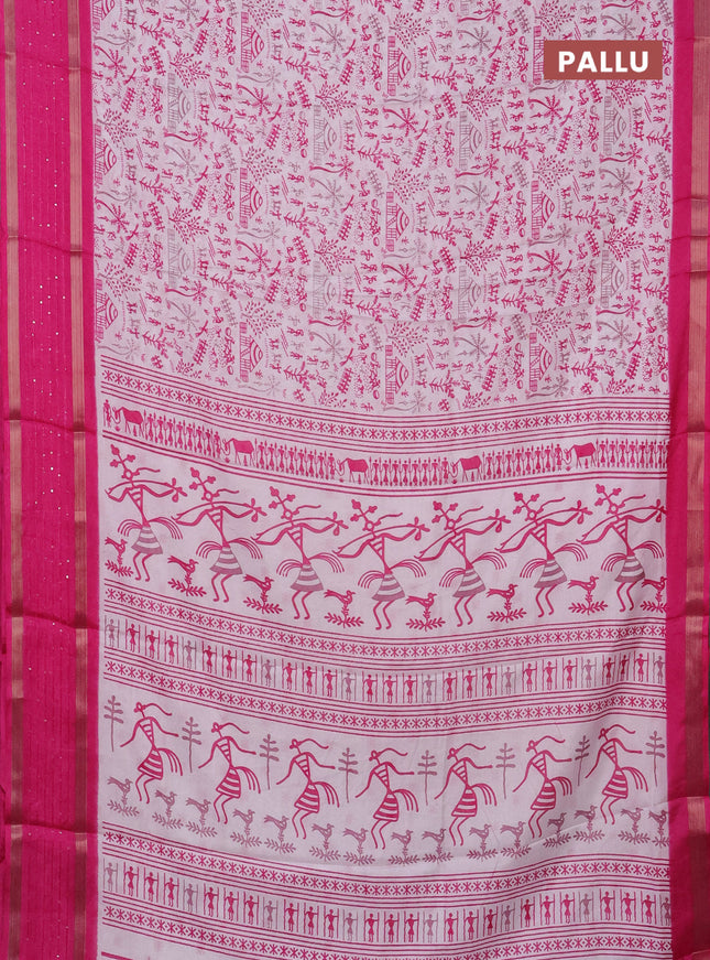 Semi dola saree off white and pink with allover warli prints and zari woven sequin work border