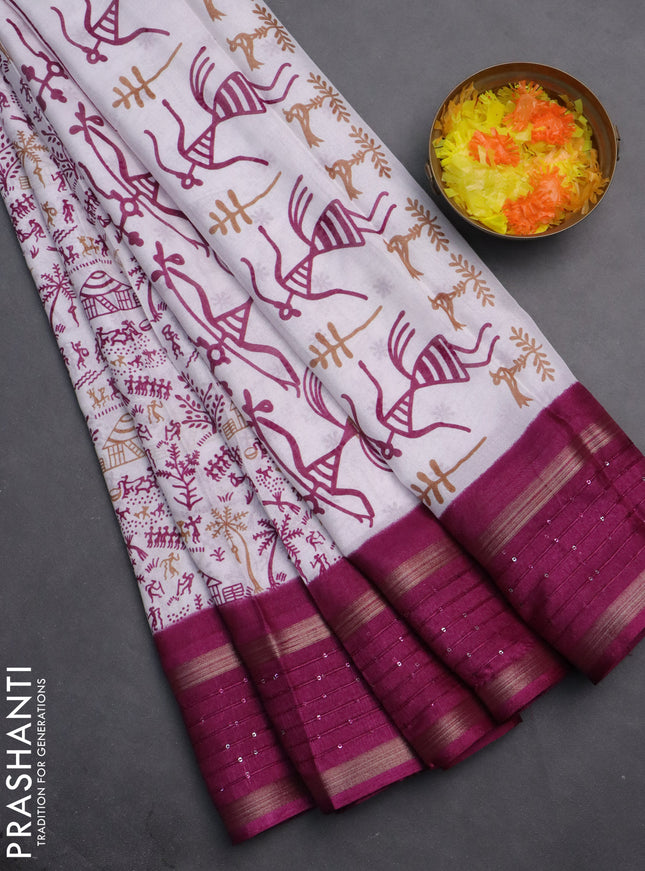 Semi dola saree off white and purple with allover warli prints and zari woven sequin work border