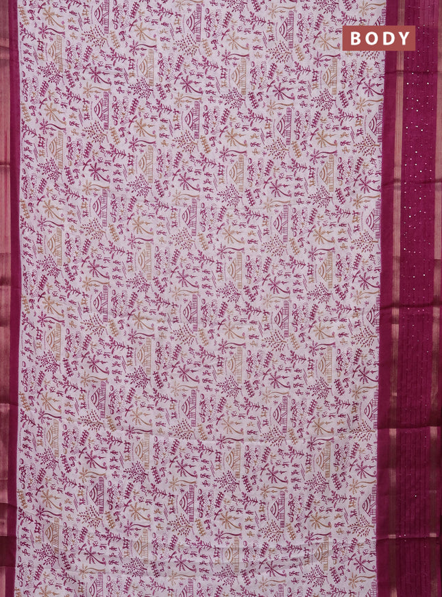 Semi dola saree off white and purple with allover warli prints and zari woven sequin work border
