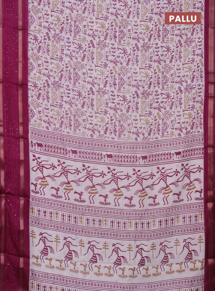 Semi dola saree off white and purple with allover warli prints and zari woven sequin work border