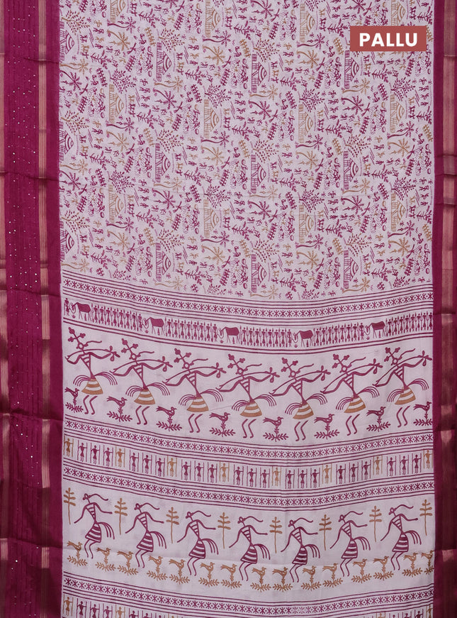 Semi dola saree off white and purple with allover warli prints and zari woven sequin work border