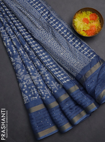 Semi dola saree cs blue with allover warli prints and zari woven sequin work border