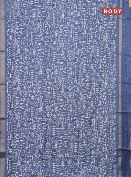 Semi dola saree cs blue with allover warli prints and zari woven sequin work border