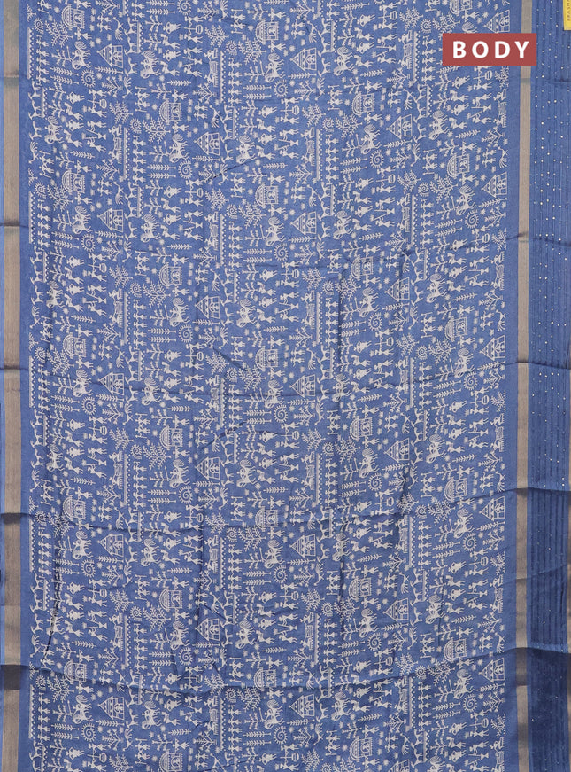 Semi dola saree cs blue with allover warli prints and zari woven sequin work border