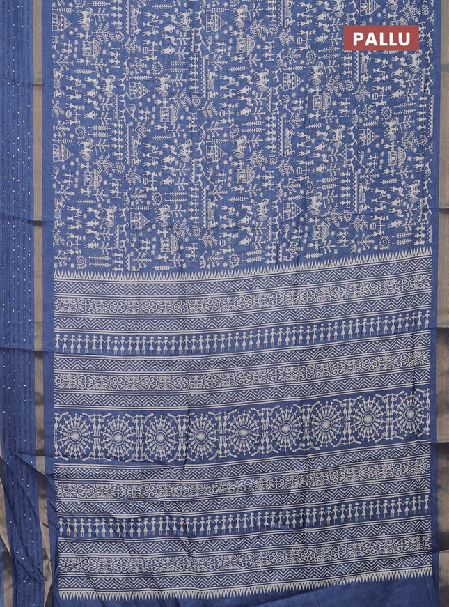 Semi dola saree cs blue with allover warli prints and zari woven sequin work border