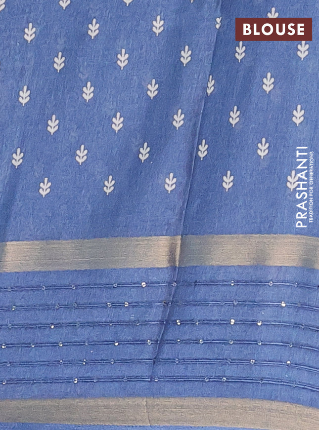 Semi dola saree cs blue with allover warli prints and zari woven sequin work border