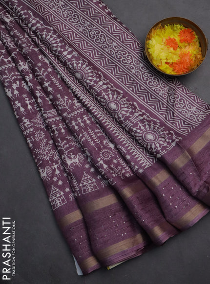 Semi dola saree deep jamun with allover warli prints and zari woven sequin work border