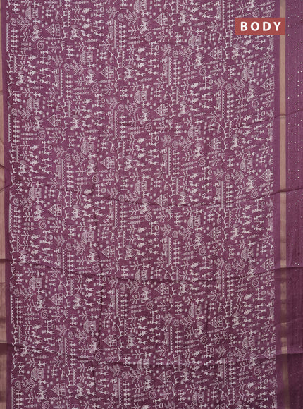 Semi dola saree deep jamun with allover warli prints and zari woven sequin work border