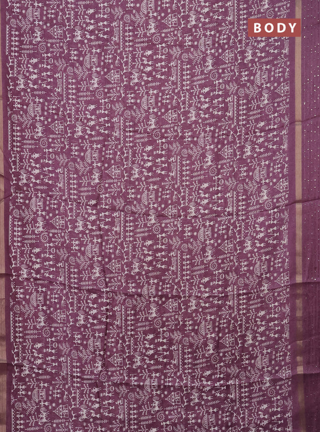 Semi dola saree deep jamun with allover warli prints and zari woven sequin work border